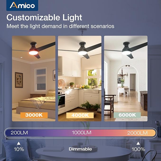 Amico Ceiling Fans with Lights, 52 inch Low Profile Ceiling fan with Light and Remote Control, Flush Mount, Reversible, 3CCT, Dimmable, Noiseless, Black Ceiling Fan for Bedroom, Indoor/Outdoor Use