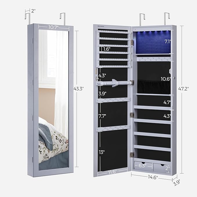 SONGMICS 6 LEDs Mirror Jewelry Cabinet, 47.2-Inch Tall Lockable Wall or Door Mounted Jewelry Armoire Organizer with Mirror, 2 Drawers, Christmas Gift, 3.9 x 14.6 x 47.2 Inches, Gray