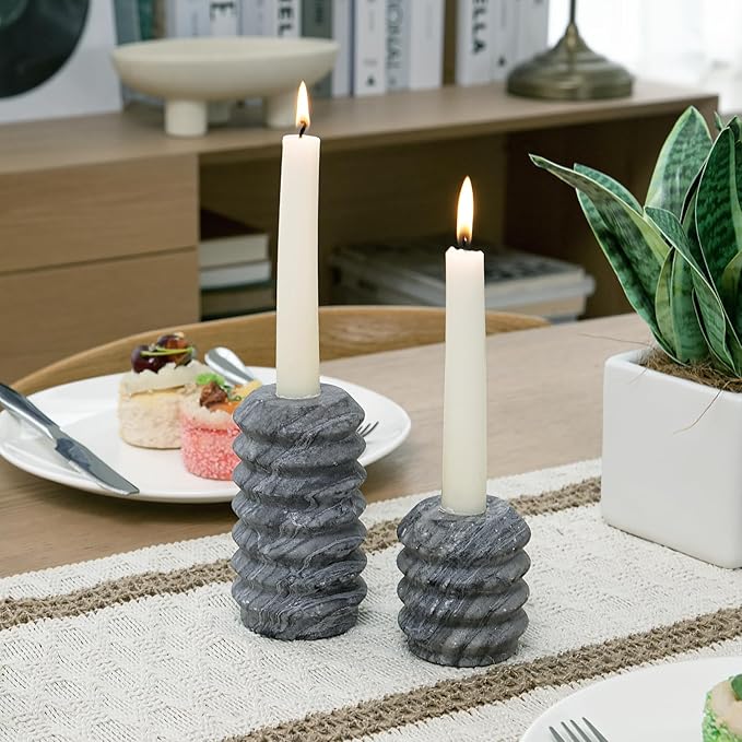 WORHE Candle Holders Italy True Natural Travertine Stone 0.4" Thick Set of 2 Marble Candlestick Holder for Christmas Wedding Dinning Party Candle Stand for 3/4 inch Candles Color Black (ZT001)
