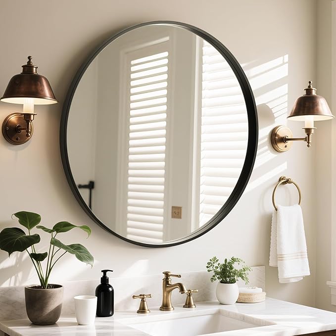 WallBeyond Round Wood Mirror, 32" Round Modern Decoration Large Circle Wall Mirror for Bathroom Living Room Bedroom Entryway, Black