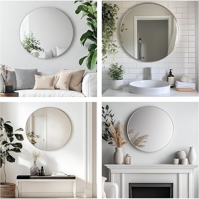 Silver Round Mirror, Silver Round Mirror 24 inch, Circle Bathroom Mirrors Metal Frame, Circle Mirrors for Wall, Over Sink, Bathroom, Living Room, Vanity.