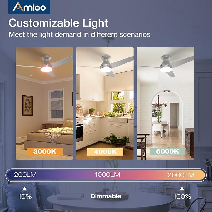 Amico Ceiling Fans with Lights, 52 inch Low Profile Ceiling Fan with Light and Remote Control, Flush Mount, Reversible, 3CCT, Dimmable, Noiseless, Silver Ceiling Fan for Bedroom, Indoor/Outdoor Use