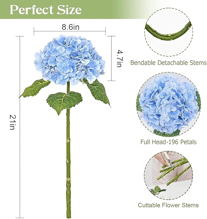 Waipfaru 4 PCS Hydrangea Artificial Flowers, Real Touch Blue Hydrangea Artificial Flowers, Full Latex Fake Hydrangeas for Home Decor Party Floral Arrangements Wedding Bouquets Centerpieces