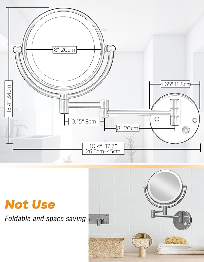 Wall Mounted Makeup Mirror with Lights Hardwired, 1/5X Magnifying Double Sided Touch Dimming, 360 Rotation Extension Arm Shaving Light up Mirror for Bathroom, Chrome