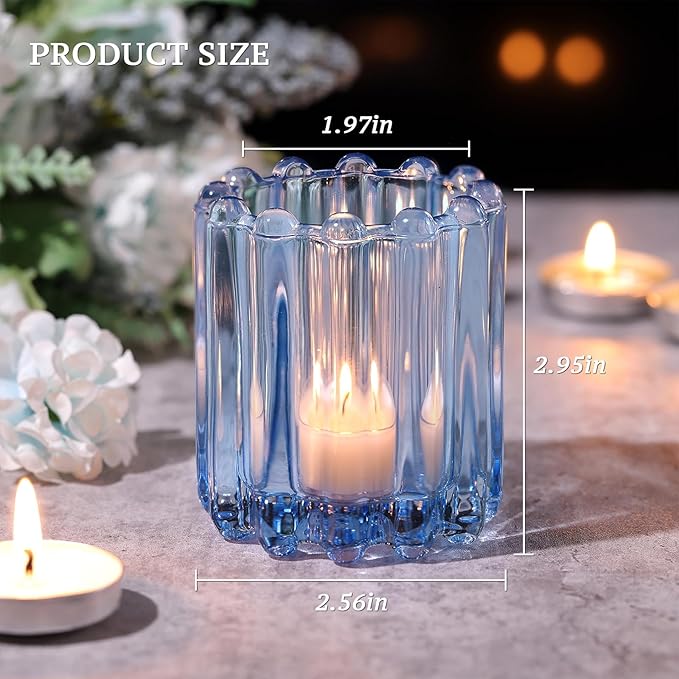 Glass Blue Votive Candle Holder, Ribbed Votive Candle Holders Set of 12, Tealight Candle Holder for Wedding Centerpieces Dinner Party Table Decor