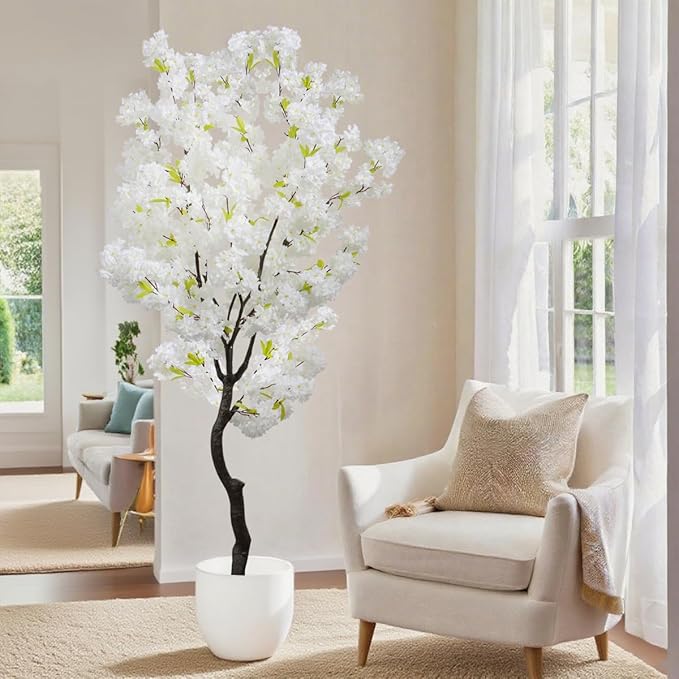 White Faux Cherry Blossoms Tree Artificial Cherry Blossom Tree Bedroom Trees for Home Decor 6FT