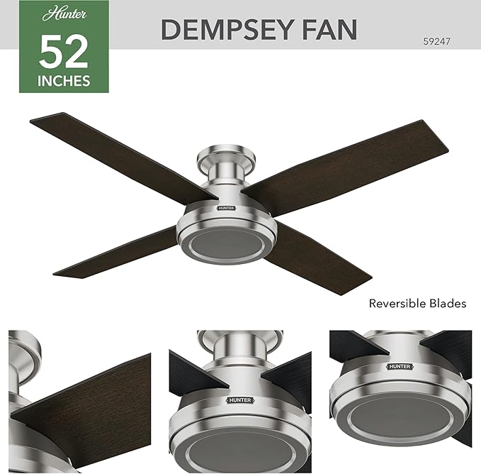 Hunter Fan Company 59247 Dempsey 52 inch Ceiling Fan with Light and Remote, Low Profile Indoor, Brushed Nickel Finish