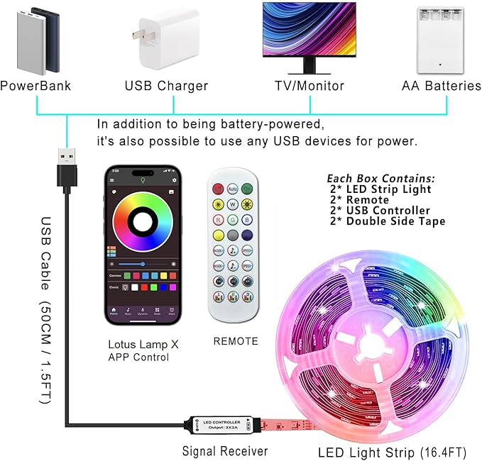 L8star Battery Powered Led Strip Lights, 2x16.4Ft (32.8Ft),Two Sets of Strip Light with 4 AA Battery Box/USB RGB LED Lights, Remote and APP Control