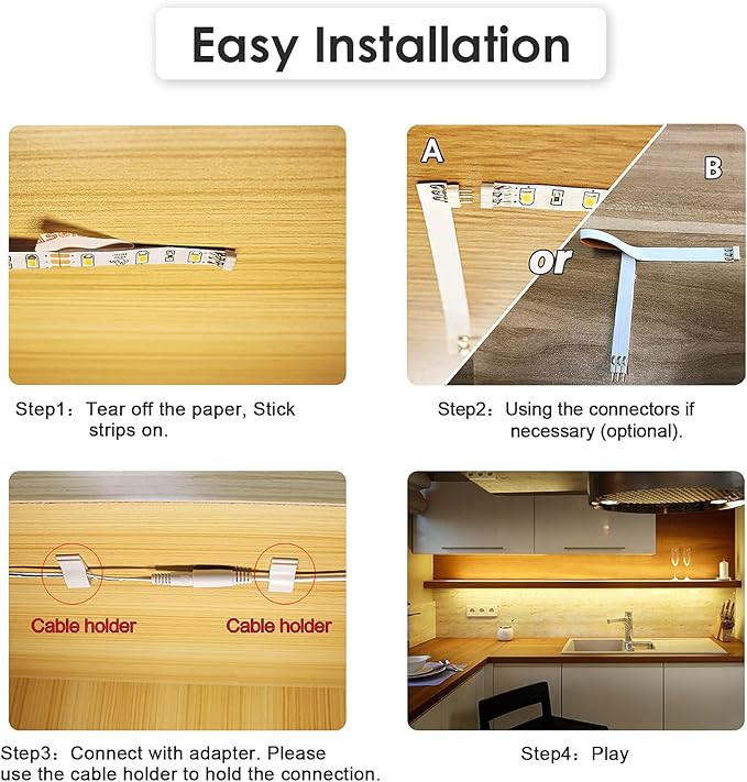 WOBANE Under Cabinet Lighting Kit,Flexible LED Strip Lights Bar,Under Counter Lights for Kitchen,Cupboard,Desk,Monitor Back,Shelf,6.6 Feet Tape Light Set,ETL Listed,120 LEDs,1100lm,2700K WarmWhite