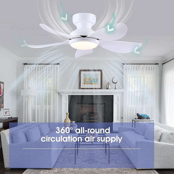36 Inch Modern Ceiling Fans with Lights, Small Flush Mount Ceiling Fan with Light and Remote/APP Control, 5 Reversible 6 Speeds Curved Blades, 3 CCT Dimmable Lights for Bedroom, White