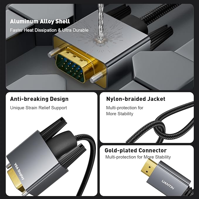 HDMI to VGA Cable Adapter 3FT |Anti-Interference Gold-Plated Plugs| 1080P Aluminum HDMI Source to VGA Display Braided Cord (Male to Male) for PC,Laptop,Xbox,Graphics Card,Monitor More