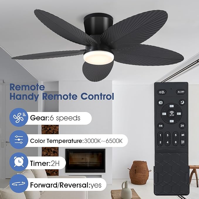 Palm Leaf Ceiling Fans with Lights-42 Tropical Ceiling Fan with Light and Remote/APP Control,Flush Mount Low Profile Black Ceiling Fans for Bedroom,Indoor/Outdoor Patio Use