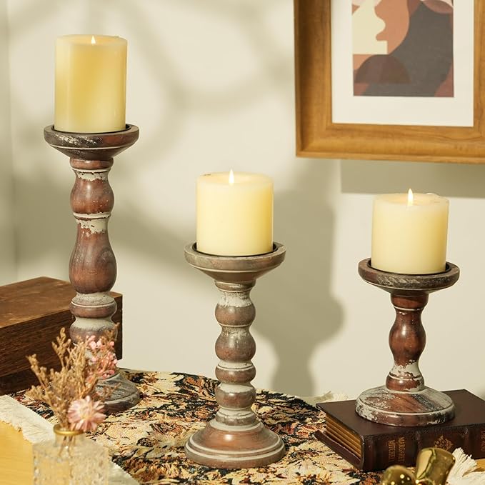 Wood Pillar Candle Holder: 3Pcs Rustic Candle Holders for Pillar Candles Wood Candle Holders Distressed Wooden Farmhouse Large Candle Holder for Fireplace Table (Brown, 6", 8", 12")
