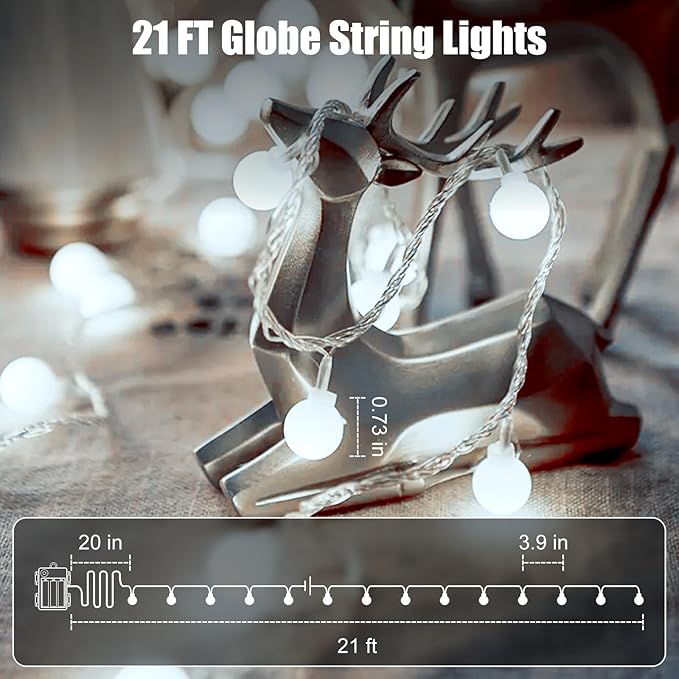 Globe String Lights Battery Operated - 21 Feet 60 Led Twinkle Fairy Lights, 8 Modes with Remote Mini Globe Lights for Indoor Outdoor Bedroom Party Wedding Garden Christmas Tree Decor, Pure White