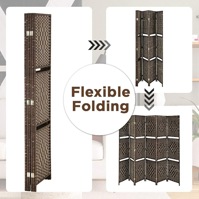 Room Divider 6 Panel Room Screen Divider Folding Portable partition Screen Wood with Removable Storage Shelves Colour Brown