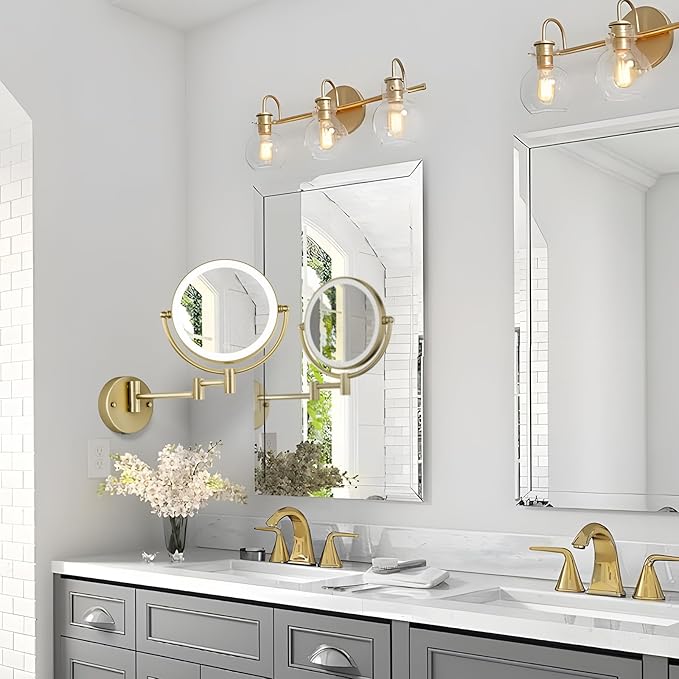 Matte Gold Wall Mounted Makeup Mirror with Lights and 10X Magnification, 8" Rechargeable 2-Sided 3-Colors, Touch Dimmable Extended Arm 360 Rotation, Foldable Vanity Cosmetic Shaving Mirror Bathroom