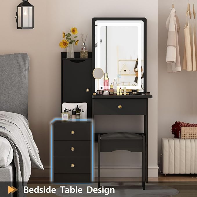 FAMAPY Vanity Mirror with Lights Desk and Chair, Vanity Desk with Sliding Lighted Mirror, Makeup Vanity with Lights, Drawers & Crystal Handles, Cushion Stool, Black