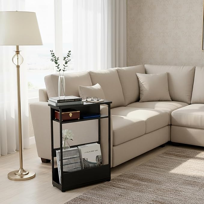 Vintage Narrow Side Table with Storage Shelf, 3 Tier Slim End Table Modern Sofa Table for Narrow and Small Spaces, 24.6 Inch Height Bedside Table Nightstand (Black, Large)