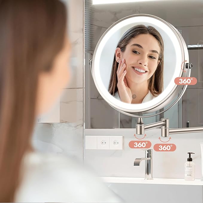 FASCINATE Rechargeable Wall Mounted Makeup Mirror with Lights and Magnification, 8 Inch Double Sided 1X 10X Magnifying Bathroom Mirror with 3 Color Lights & 360° Rotation Vanity Mirror - Nickel