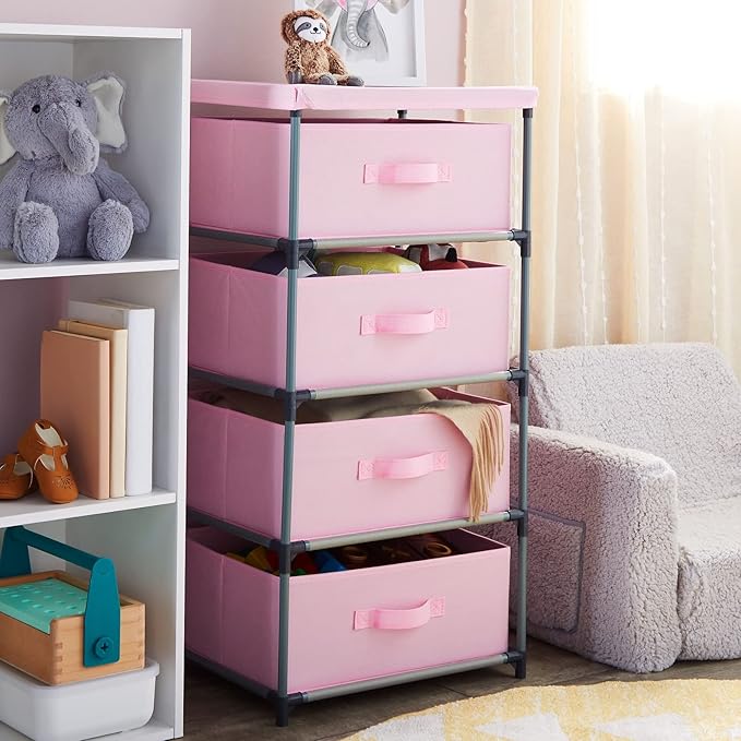 Juvale 4-Tier Dresser for Bedroom - 16.5 x 13 x 33 in, Pink, Modern - Closet Dresser with 4 Fabric Drawers for Clothes & Bedroom Storage
