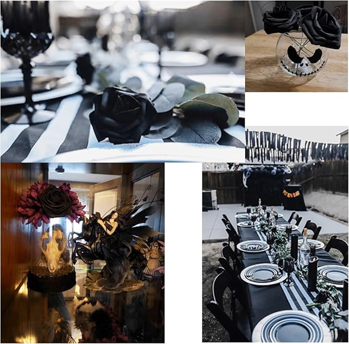 Artificial Black Flowers Fake Roses 50 PCS, DIY Flower Heads with Stem for Crafts Bouquets for DIY Wedding Decorations Centerpieces Arrangements Party Home Garden Decor