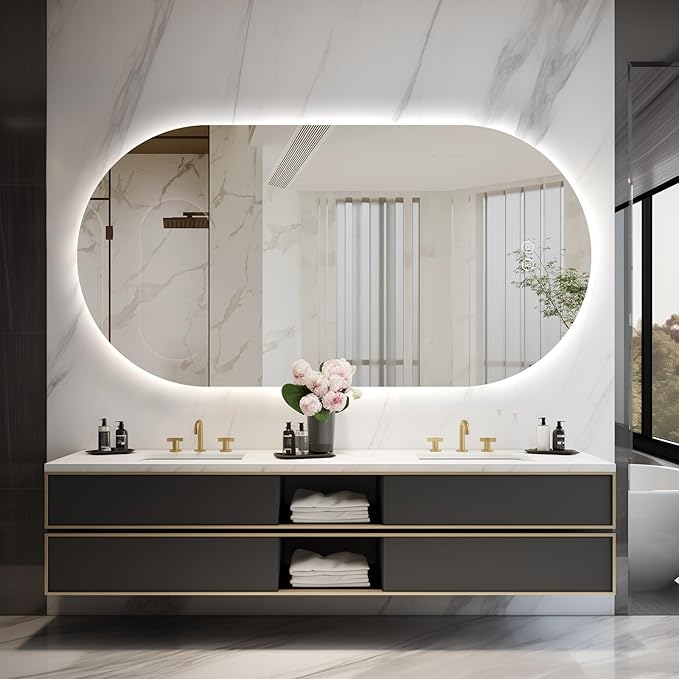 55"x28" Oval Led Bathroom Mirror with Lights, Frameless Backlit Vanity Mirror for Wall, Anti Fog Smart Mirror with 3 Colors Stepless Dimmable, Waterproof, Explosion-Proof, Vertical/Horizontal