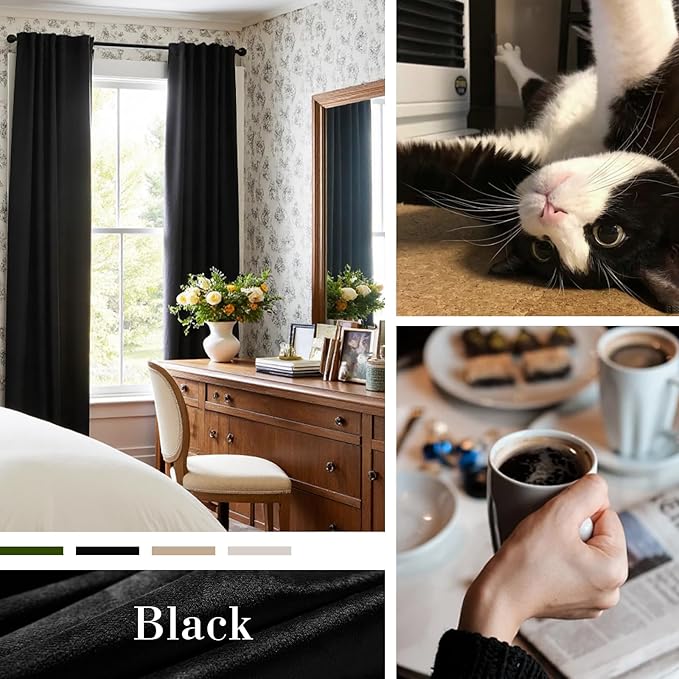 Lazzzy Velvet Blackout Curtains Thermal Insulated Room Window Drapes Super Soft Luxury Curtains for Living Room Bedroom Rod Pocket 2 Panels, Black, 52" W x 120" L