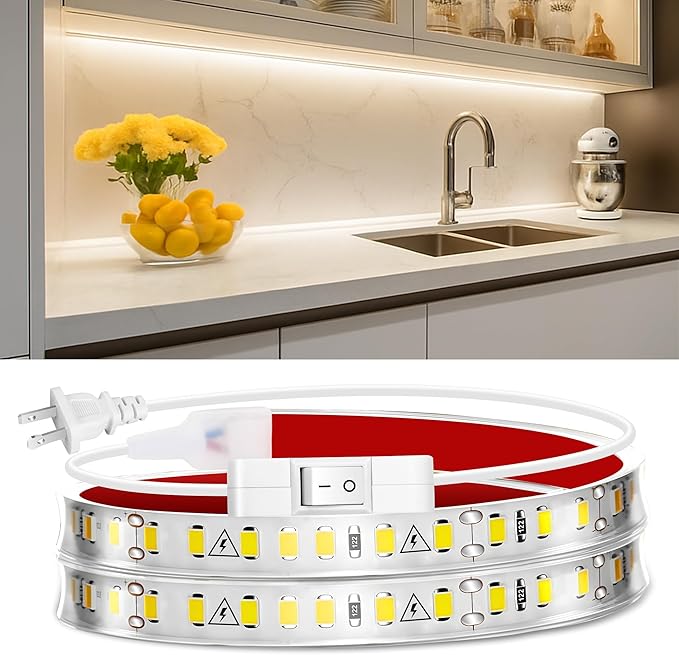 maylit Under Cabinet Strip Lighting Plug in 24in, Ultra Bright Small LED Light Bar, 2700K Warm White, Wired Lights for Kitchen Cabinet, Counter, Workbench, Desk, Closet, Shelf, Indoor