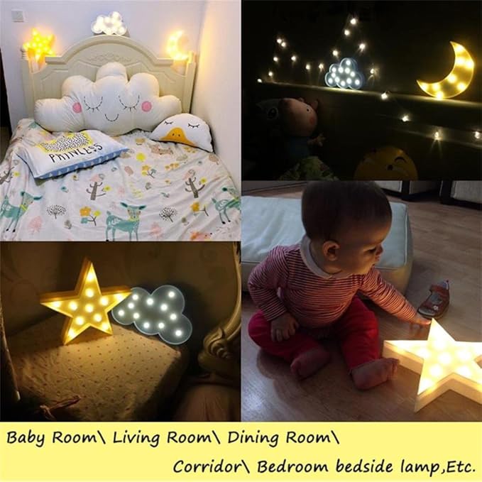 3PCS Decorative LED Crescent Moon Cloud and Star Night Lights Lamps Marquee Signs Letters for Baby Nursery Decorations Gifts for Children (Moon Cloud and Star)