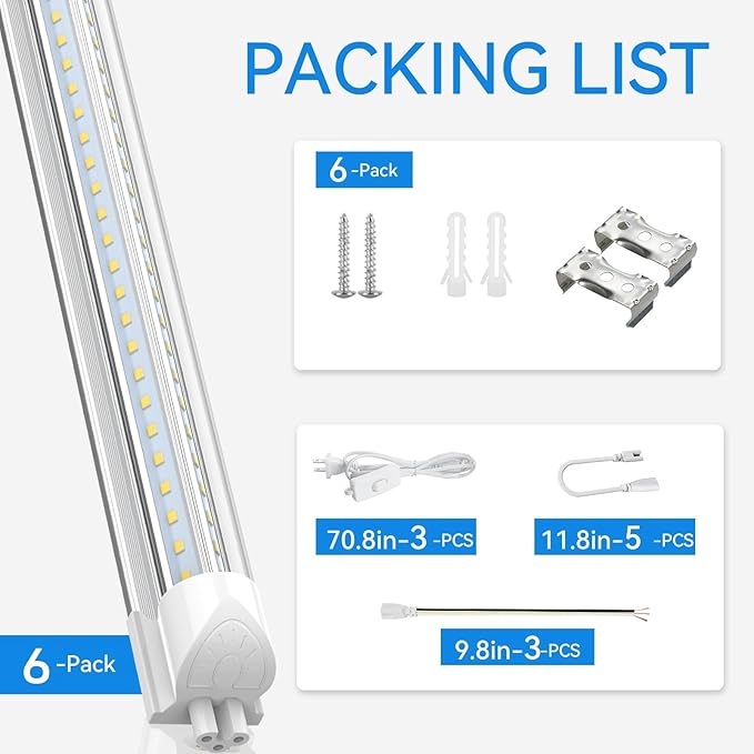 CNSUNWAY LED Shop Lights 2FT, 20W 5000K Daylight White Under Cabinet Lighting, V-Shaped Linkable T8 Tube Light Fixtures, Shop Light for Workbench, Kitchen, Workshop, ETL Listed(6 Pack)