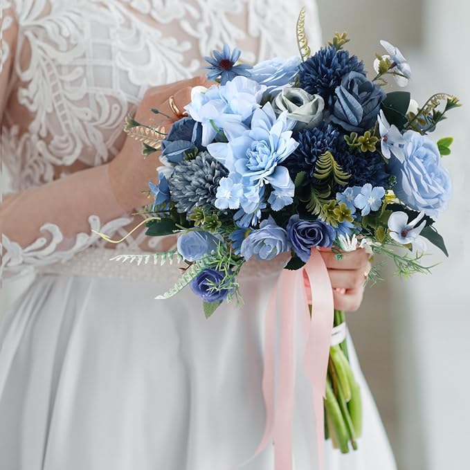 Zeyune 12 Bundles Artificial Peonies Flowers Artificial Silk Rose Faux Dahlia Fake Chamomile Hydrangea Bouquet Bulk for Vase Home Wedding Centerpiece Party Decoration(Indigo,Gradient Blue)
