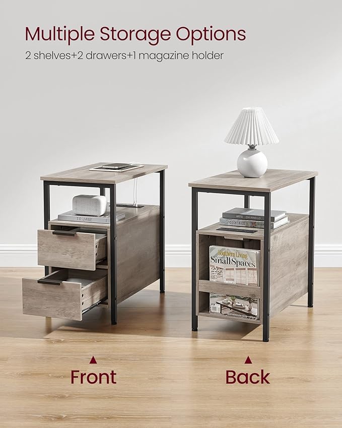 VASAGLE Side End Table with Charging Station, Slim Nightstand with 2 Drawers, Narrow Bedside Table for Living Room, Small Spaces, Heather Greige and Ink Black ULET321B02