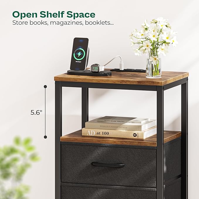 Huuger Night Stand with Charging Station, 4 Drawer Dresser for Bedroom, Bedside Table, 33.9 Inch Tall Nightstand with Open Shelf, End Table, for Closet, Entryway, Bedroom, Rustic Brown and Black