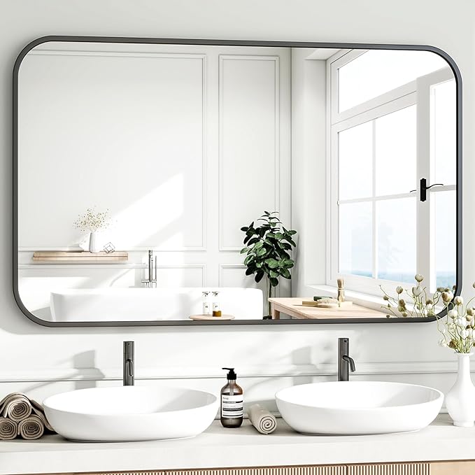 HARRITPURE Rectangular Bathroom Mirror 48''x30'' Black Bathroom Wall Mirror Aluminum Frame Wall-Mounted Mirrors for Entryway Bedroom Living Room