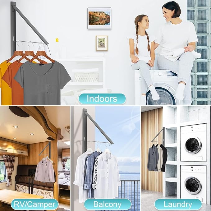 Wall Mounted Drying Rack - No Drill Installation, Space Saving Foldable Clothes Rack for Laundry Room, Dorm, Apartment,RV, Closet. Heavy Duty & Rustproof Aluminum Alloy (Gray)