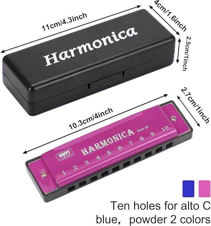 UPINS Harmonica, 4PCS Key of C 10 Hole 10 Tones Titanium Color Harmonica with Case for Beginner Students (Pink, Blue)