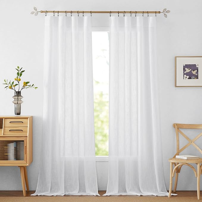 RYB HOME Long Semi Sheer Curtains for Living Room 120 inches Long, Thick Woven Fabric Durable Privacy Protection Drapes for Sliding Glass Door, White, W 52 x L 120 Inch, 1 Pair