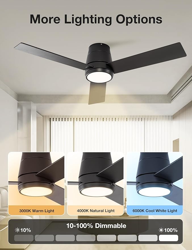 warmiplanet Ceiling Fans with Lights, 42 Inch Low Profile Ceiling Fan with Light and Remote/APP Control(2 Pack),Black,3 Blades