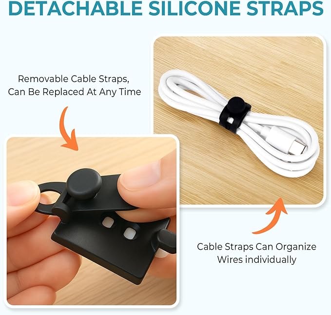 Kanemc Cable Clips Management Kit, 15 Cable Holder With Silicone Cord Ties, 15 Nylon Zip Tie, Extra 15 Screws & 8 Adjustable Cable Straps For Workspace Organizers PV Computer TV Under Desk Wire Setup
