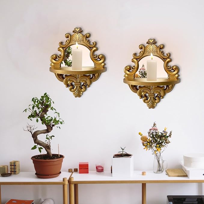 Three-Dimensional Relief Candle Sconces Set 2 Rustic Wall Mount Candle Holders Wood Hanging Wall Decor Mirrored Wall Art Hand Carved Home Decoration Gold