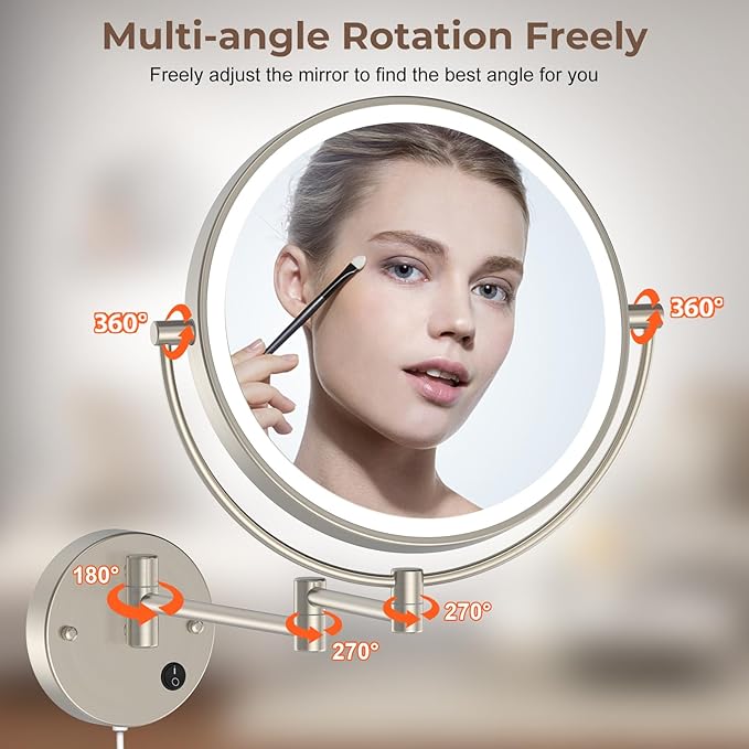 Rocollos 9" Plug-in Wall Mounted Lighted Makeup Mirror 1X/10X Magnification, Super Large Double Sided LED Vanity Mirror for Bathroom, 3 Color Dimmable 360°Swivel Extendable Shaving Cosmetic Mirror