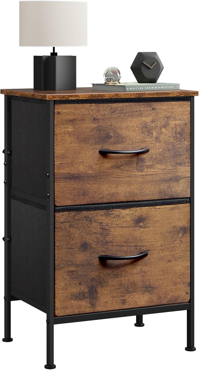 WLIVE Night Stand with Drawers, Dresser for Bedroom with 2 Fabric Drawer, Small Bedside Tables, Nightstand End Table Furniture, College Dorm, Rustic Brown Wood Grain Print, Size L