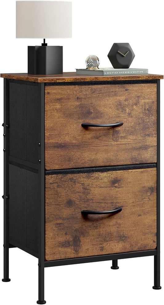 WLIVE Night Stand with Drawers, Dresser for Bedroom with 2 Fabric Drawer, Small Bedside Tables, Nightstand End Table Furniture, College Dorm, Rustic Brown Wood Grain Print, Size L