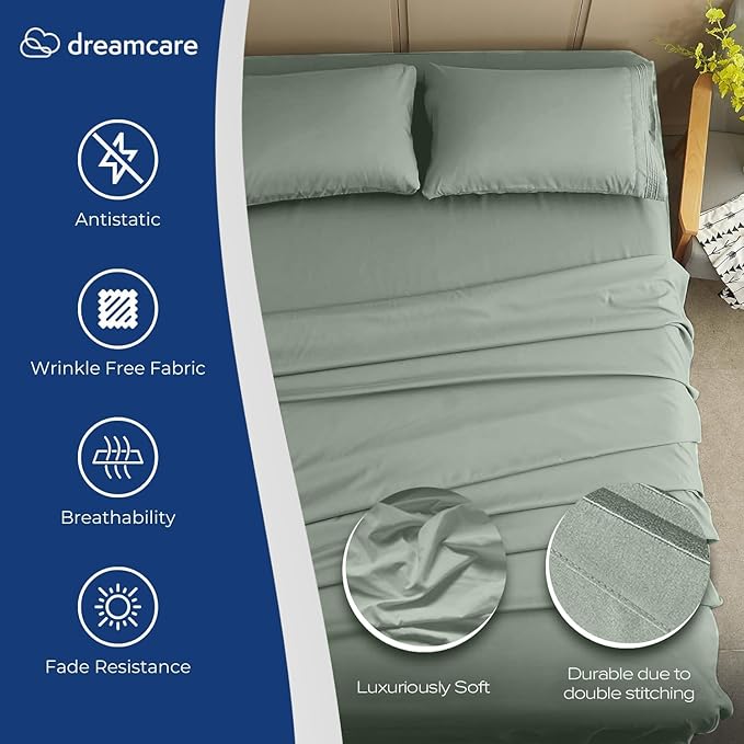 DREAMCARE Full Size Sheets Set - 4 Pcs Cooling Bed Sheets with Up to 15" Deep Pockets - Soft, Long-Lasting 100% Brushed Polyester with Side Pocket (Sage Green)