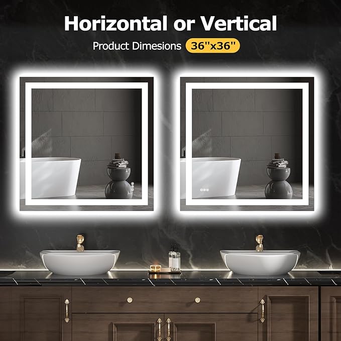 36X36 LED Bathroom Mirror with Lights, Anti-Fog, Dimmable, Backlit + Front Lit, Smart Bathroom Vanity Mirror, Memory Function, Shatterproof, Tempered Glass (Horizontal/Vertical)