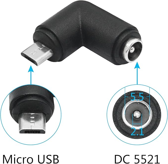4Pcs DC 5.5mm x 2.1mm to Micro USB Adapter, 90 Degree Right Angle DC 5521 Female to Micro USB Male Plug Convert Connector 5V Power Supply Adapter