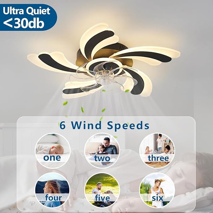 Ceiling Fan with Lights Remote Control, Black Modern Ceiling Fan with Light, 3 Light Color 6 Speeds Low Profile Flush Mount Ceiling Fan for Kitchen Bedroom Living Room