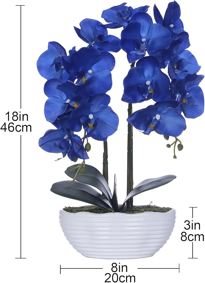Large Artificial Potted Orchid Plant, Silk Flower Arrangement with Ceramics Vase, Navy Blue