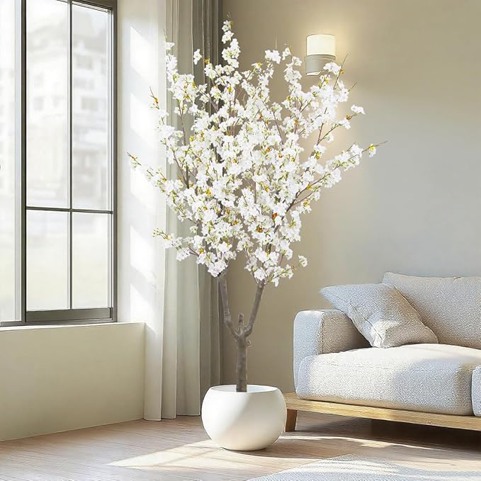 Artificial Cherry Blossom Tree 6ft Tall Indoor Faux White Flower Tree,Fake Cherry Blossom Tree for Home Office Party Wedding Decor