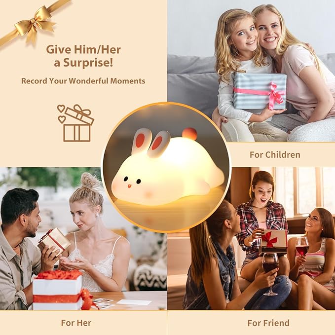 ANGTUO Bunny Night Light, Big Face Rabbit, Dimmable & Rechargeable, Cute White Night Light, Kawaii Room Decor